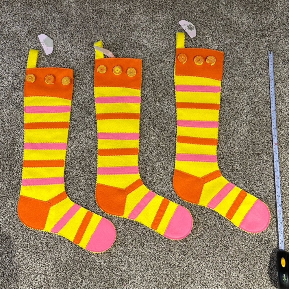 WHIMSY TRIMS Set of 3 Yellow, Orange whimsical Felt Stockings 23 x 6 inches NEW!